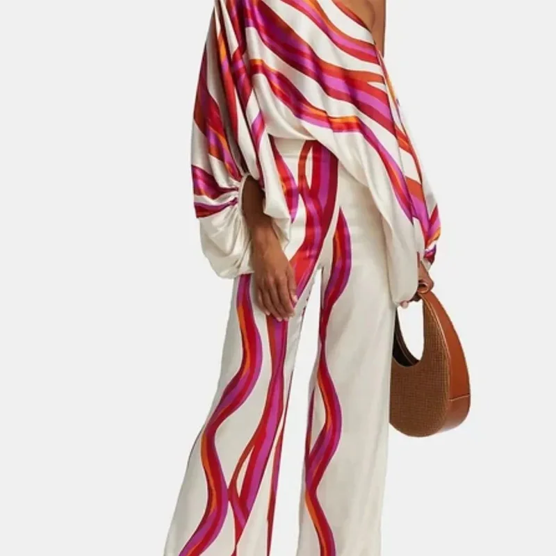 Colorful Striped Print Women Set Spring Skew Collar Backless Top Pullover+Wide Leg Pants Suit Summer One Shoulder Hollow Outfits