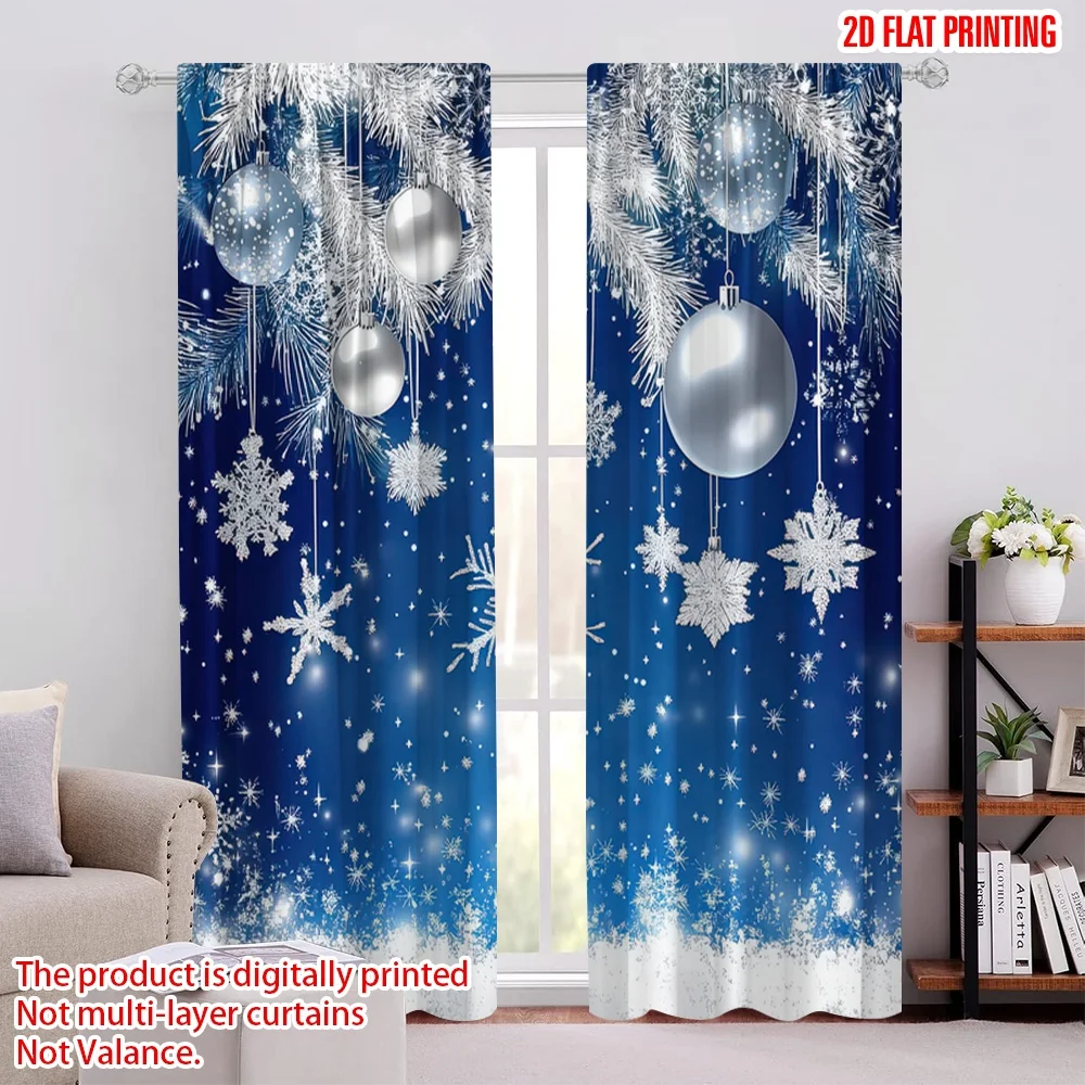 2D flat printing 2pcs Curtains blue Christmas (8) 100% Polyester Fabric Without Electricity Family Party for Indoor Celebrations