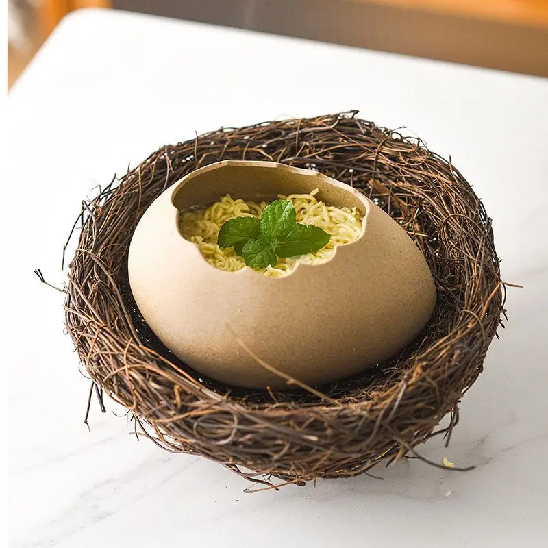 Egg shell shaped tableware creative dessert plating oval ceramic simulated bird nest ostrich egg instant noodle bowl interesting