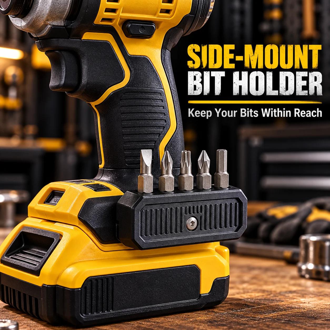 5-Slot Side-Mount Bit Holder Compatible with DeWalt 20V Drill, 1/4