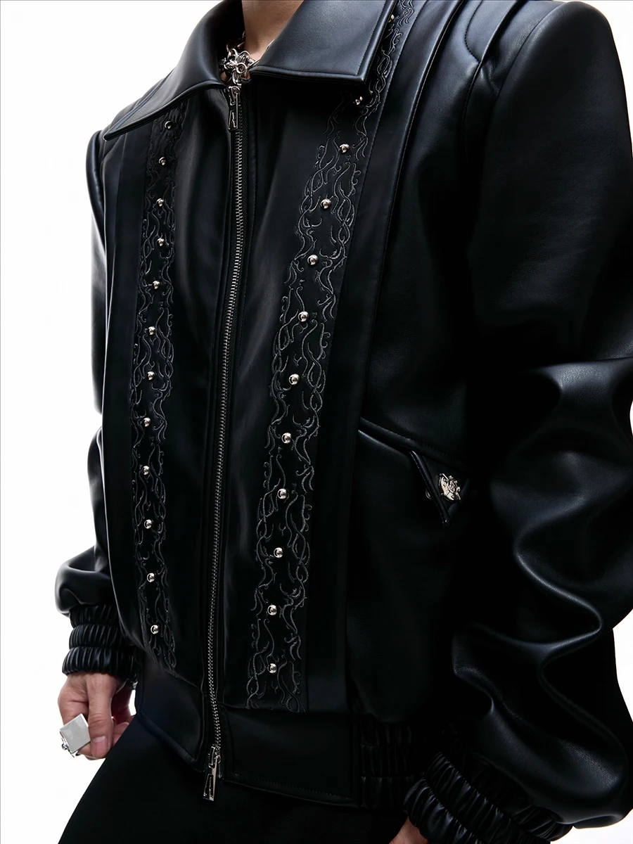 

Mauroicardi Autumn Short Black Embroidery Pu Leather Jacket Men Rievet Turn-Down Collar Zipper Luxury Designer Emo Clothes 2025