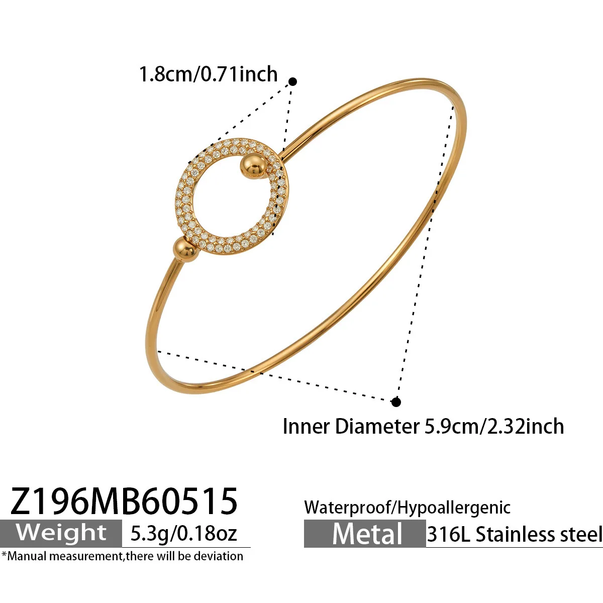 316L Edelstahl 18K vergoldeter Zirkonia-Armreif mit rundem Ring und Herz-Design für Damen, Vintage-Luxus-Schmuck für den Alltag. – Detail 11
