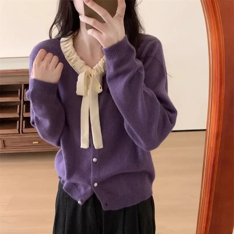 Korean Sweet Drawstring Bow Sweaters Autumn Winter Stylish Folds Spliced Women\'s Clothing Solid Color Basic Knitted Cardigan New