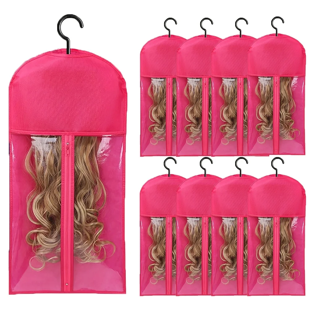 6pcs Long Hair Extensions Storage Bag Non-Woven Dust Proof Wigs Carrier Bags With Plastic Hanger For Home Salon Organizer view 6