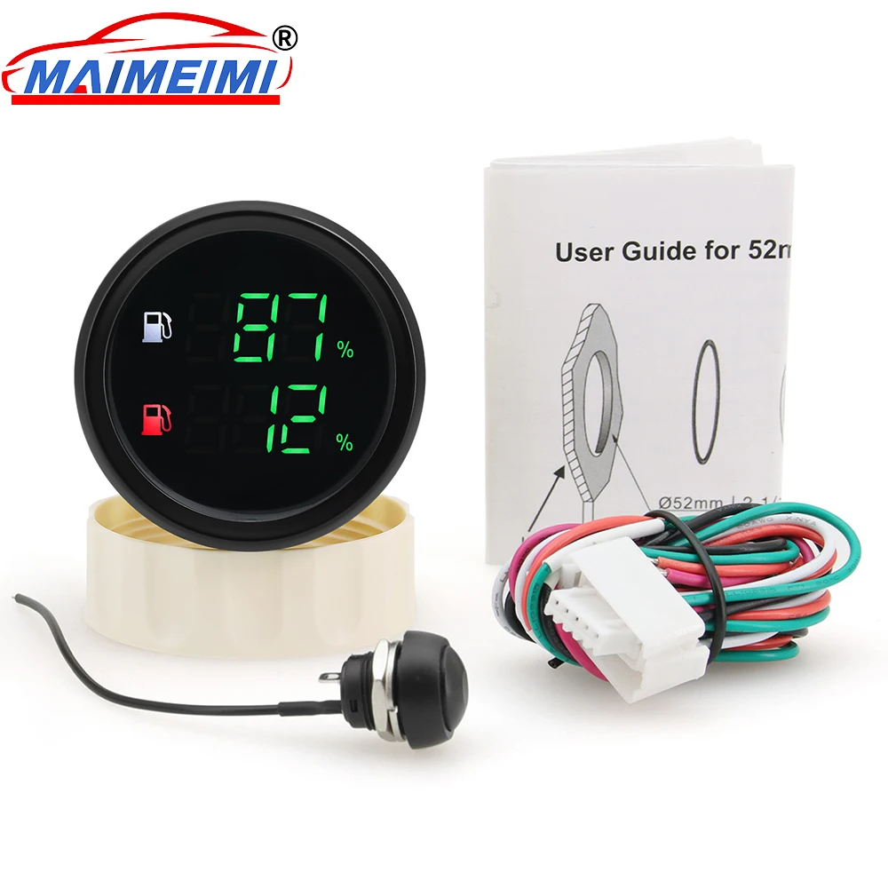 52mm Fuel Level Gauge 2 IN 1 Dual Car Meter with Red/green Backlight 52mm Digital Display Dual Oil Tank Level Meter for Car Boat