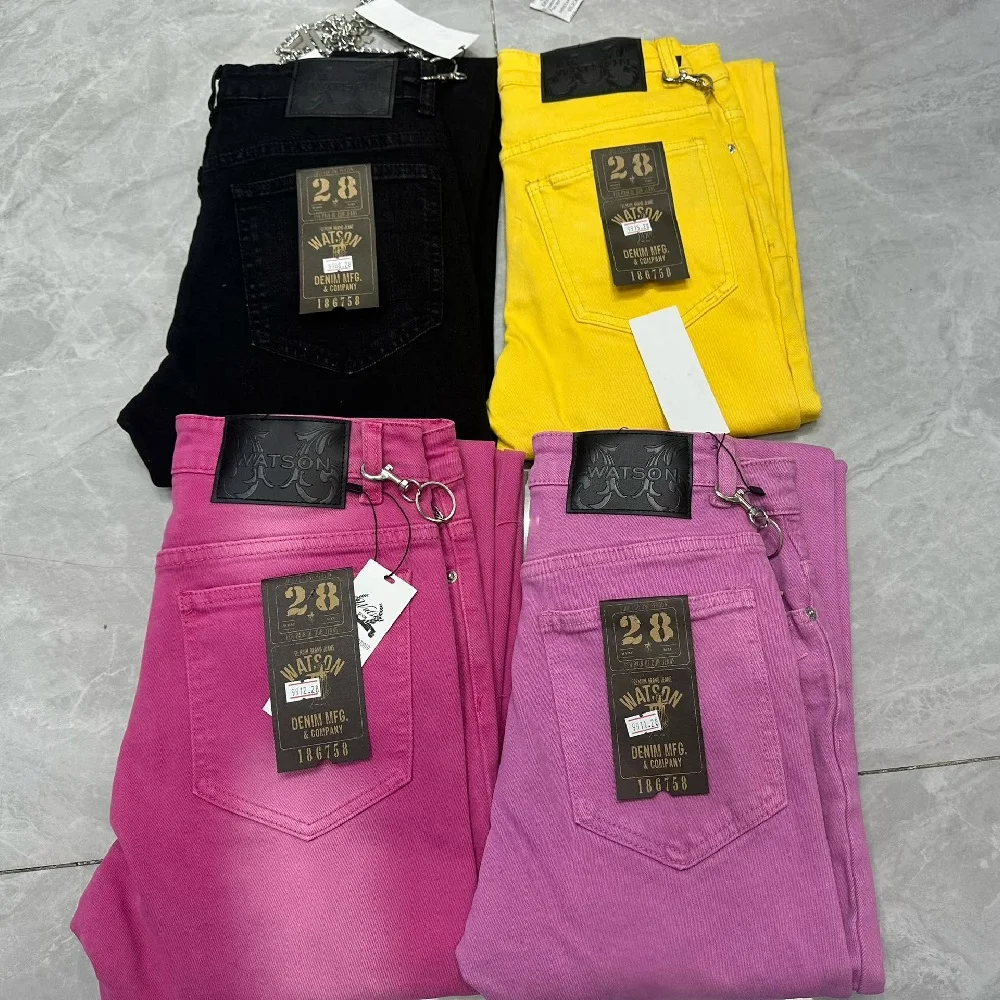 

2026 Men's multi-pocket High Street quality Slim Fit Skinny long Denim Flared men yellow red pink Jeans Pants