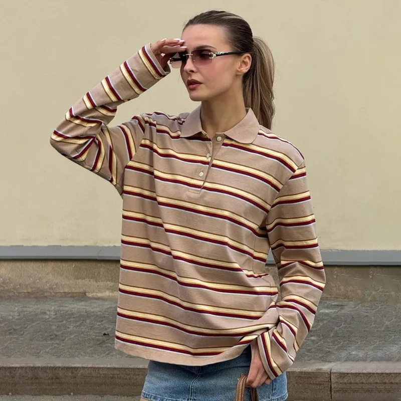 FRAYA LAB Primavera Estate delle nuove donne Retro a righe colletto polo T-shirt a maniche lunghe oversize Trendy Casual Allentato Basic Top Nuovo