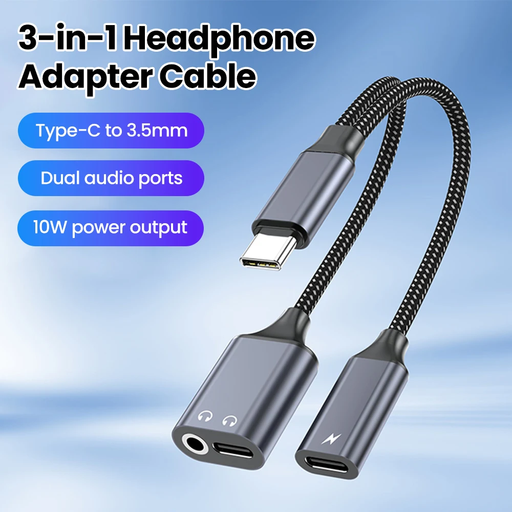 3 in 1 Type-C To 3.5mm Dual Headphone Adapter Multi-functional Power Audio Cable For iPhone 15 16 17 Samsung Charging Converter