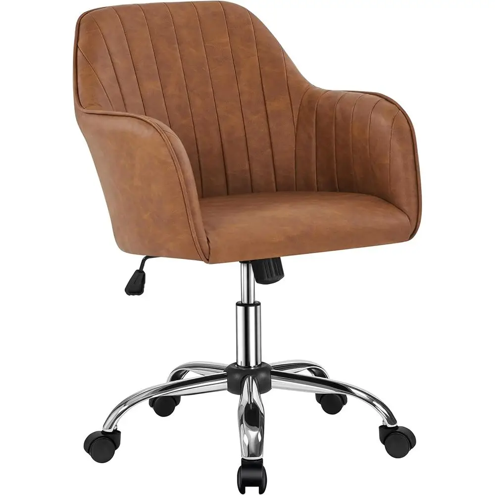 

Brown Vintage-Style Leather Swivel Desk Chair, Height-Adjustable for Office or Living Room