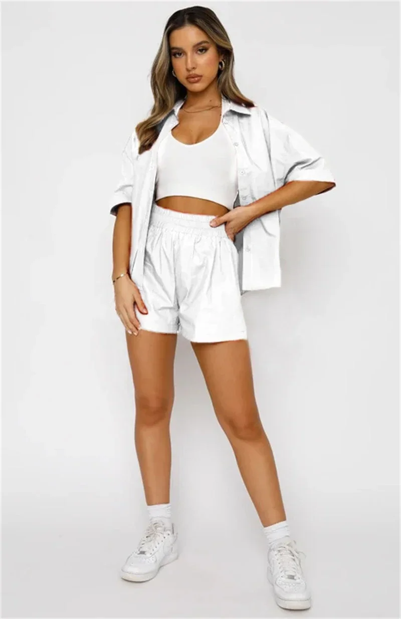 streetwear 2 조각 세트 여성 복장 여름 의류 여성 솔리드 컬러 셔츠 탑과 반바지 세트 캐주얼 tracksuits 2pcs 여성 세트