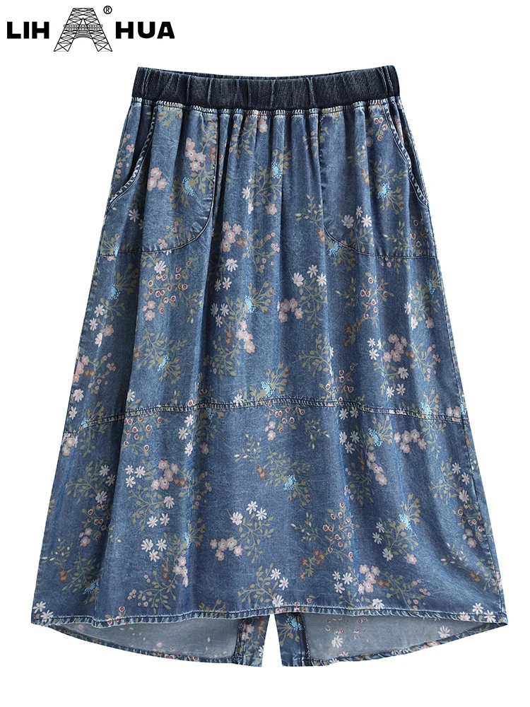 LIH HUA Vrouwen Plus Size Denim Rok Lente Chic Elegante Rok Voor Mollige Vrouwen Katoen Geweven Rok