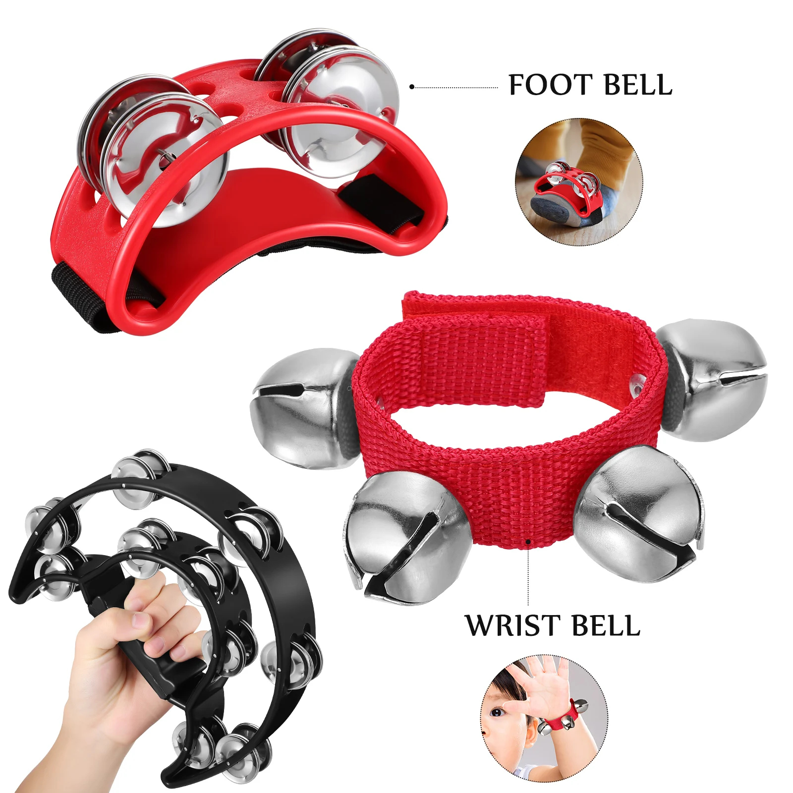 

4pcs Tambourine Hand Wrist Band Bells Foot Tambourine Educational Instruments Rhythm Learning Shake Bells