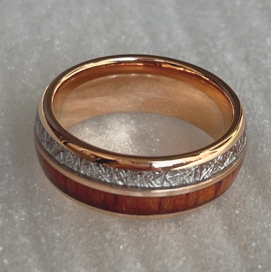 8 مللي متر 6 مللي متر القبة التنغستن خاتم مطلي بالذهب الوردي البطانة الطبيعية كوا الخشب و نيزك العثور على خاتم شحن مجاني #6