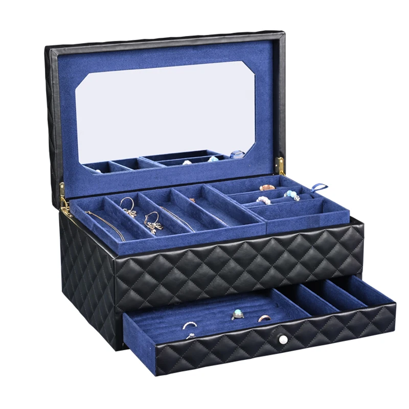 

High-quality high-end small fragrance luxury multi-function large-capacity jewelry black rhombus plaid car line jewelry box