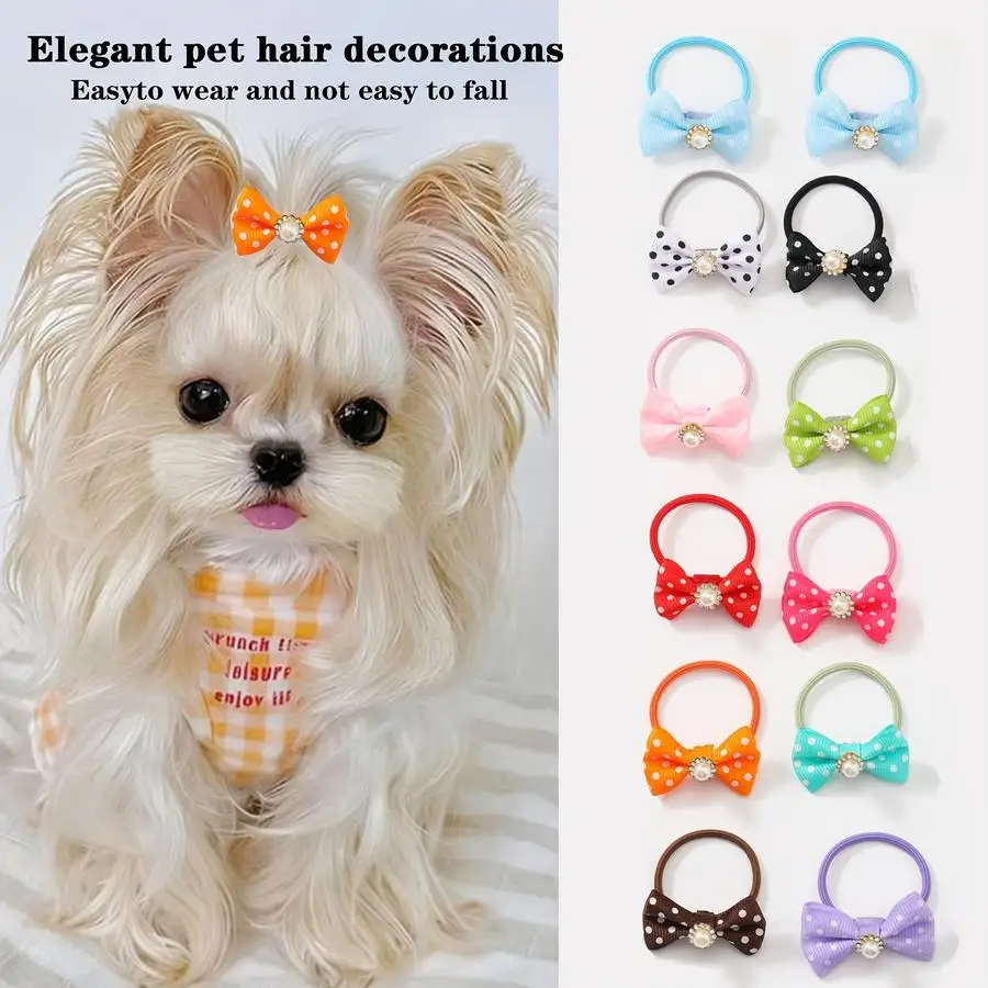 1/5/10/20/50/100pcs 6-Pack Pet Bow Hair Ties, Pearl Rhinestone Polka Dot Bow Pet Dog Headbands, Multi-Color Available, Easy to W