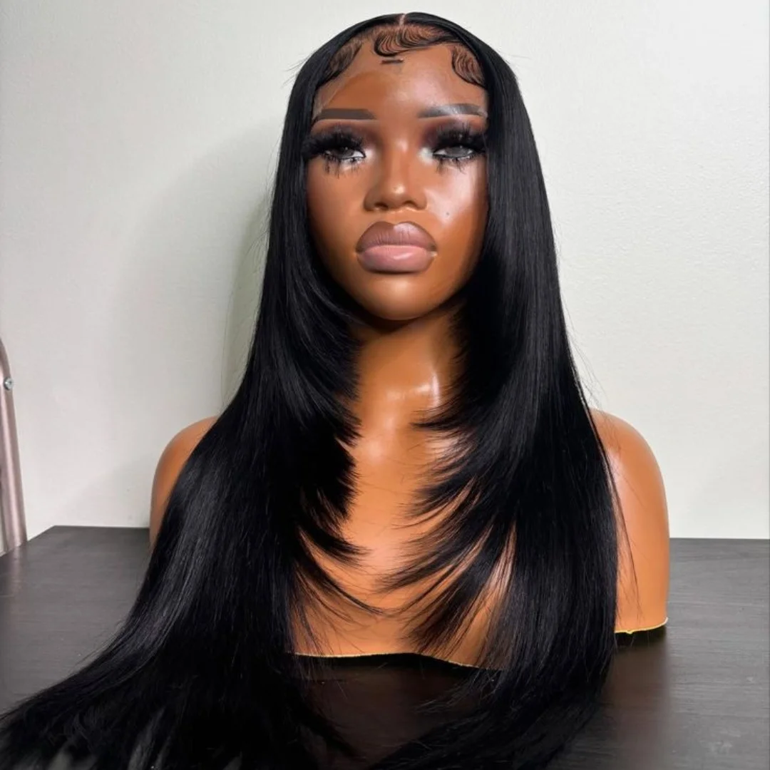 

Черный многослойный парик фронта шнурка 200% Плотность 13X6 Синтетический парик фронтальной части шнурка для женщин Стрижка бабочки Многослойная естественная линия волос