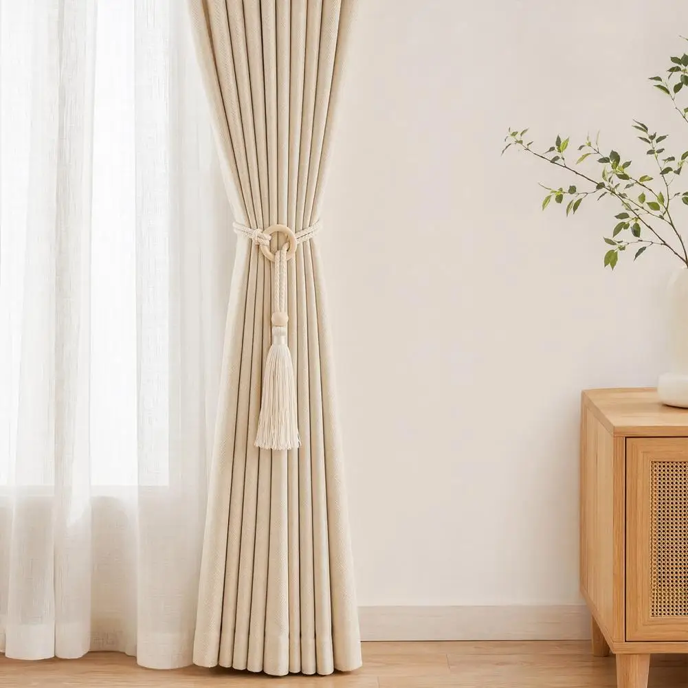 Wooden Ring Curtain Tiebacks Wooden Ring Tassel Curtain Tiebacks Adjustable Window Holders No Drill Drape Curtain for Home