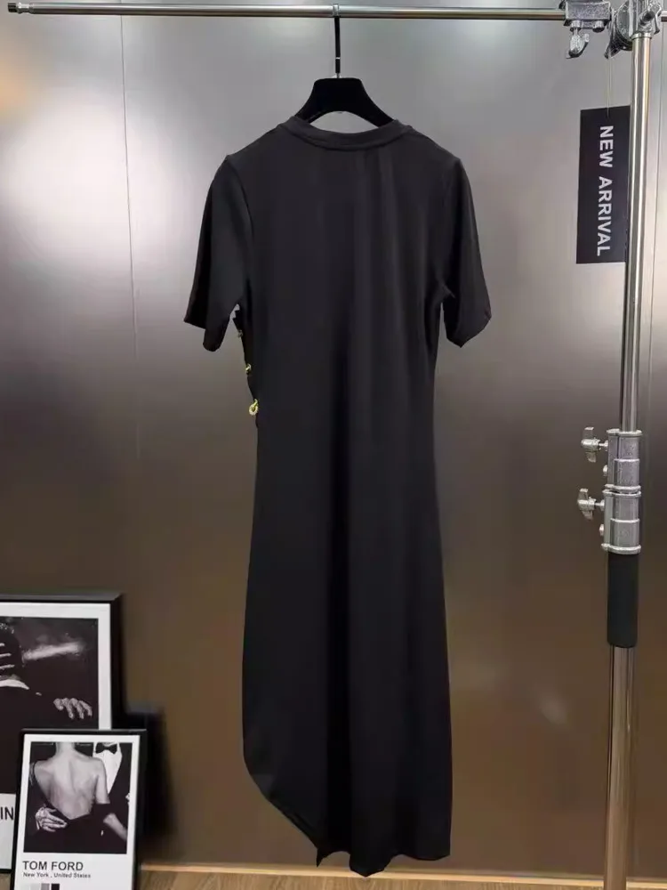 Sukienka damska DFDG, elegancka, dzianinowa, na wiosnę i lato 2025, z okrągłym dekoltem, bez rękawów, z kryształowym pierścieniem, rozcięciem, dopasowana, minimalistyczna, jednolita, midi.