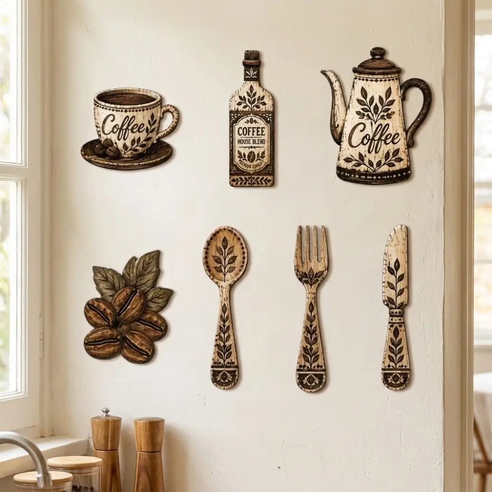 7Pcs Vintage Coffee Utensil Wooden Ornament Coffee Themed Rustic Distressed Coffee Wall Sticker Hangings Spoon Fork