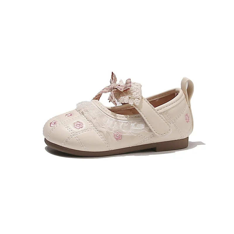 

Girls' Lace-trimmed Leather Shoes, Spring Summer 2026, Little Girls' Floral Plaid Bow Solid Color Princess Shoes Academic Style
