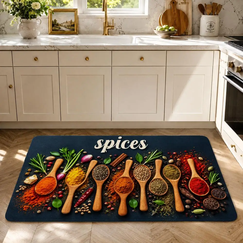 Wood Spoons Filled Colorful Spices Floor Mat Flannel Rug Soft Non Slip Washable Door Mat For Bathroom Kitchen Home Decor