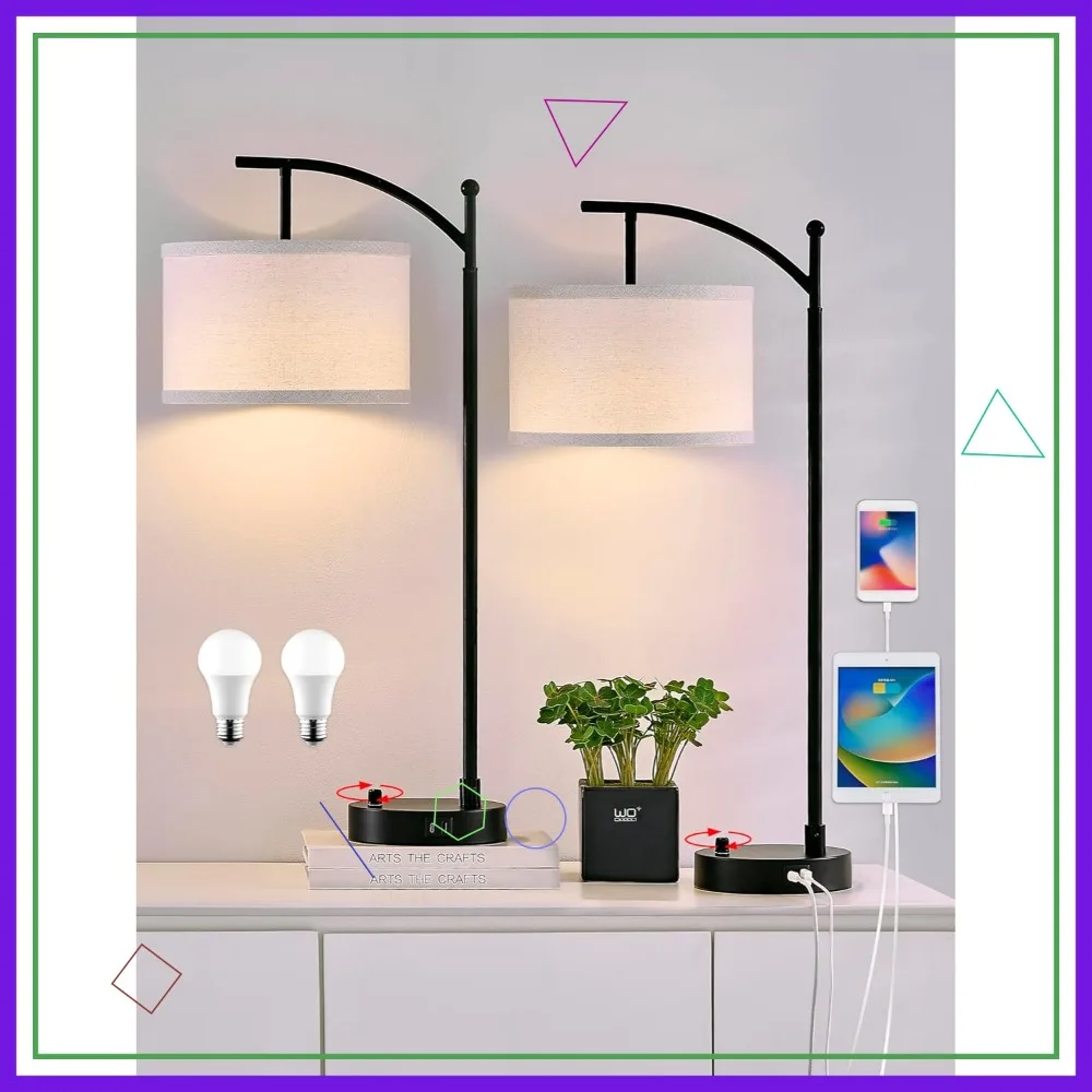 

Table Lamp Set of 2 with USB C+A Ports, Dimmable LED Bulbs, Linen Shade for Living Room Bedroom Nightstand, Black