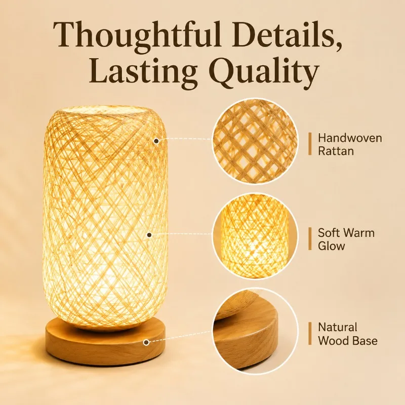 Japanese Style Wooden Rattan Ball Table Lamp with Hemp Thread Design LED Night Light for Bedroom Headboard Home Decoration