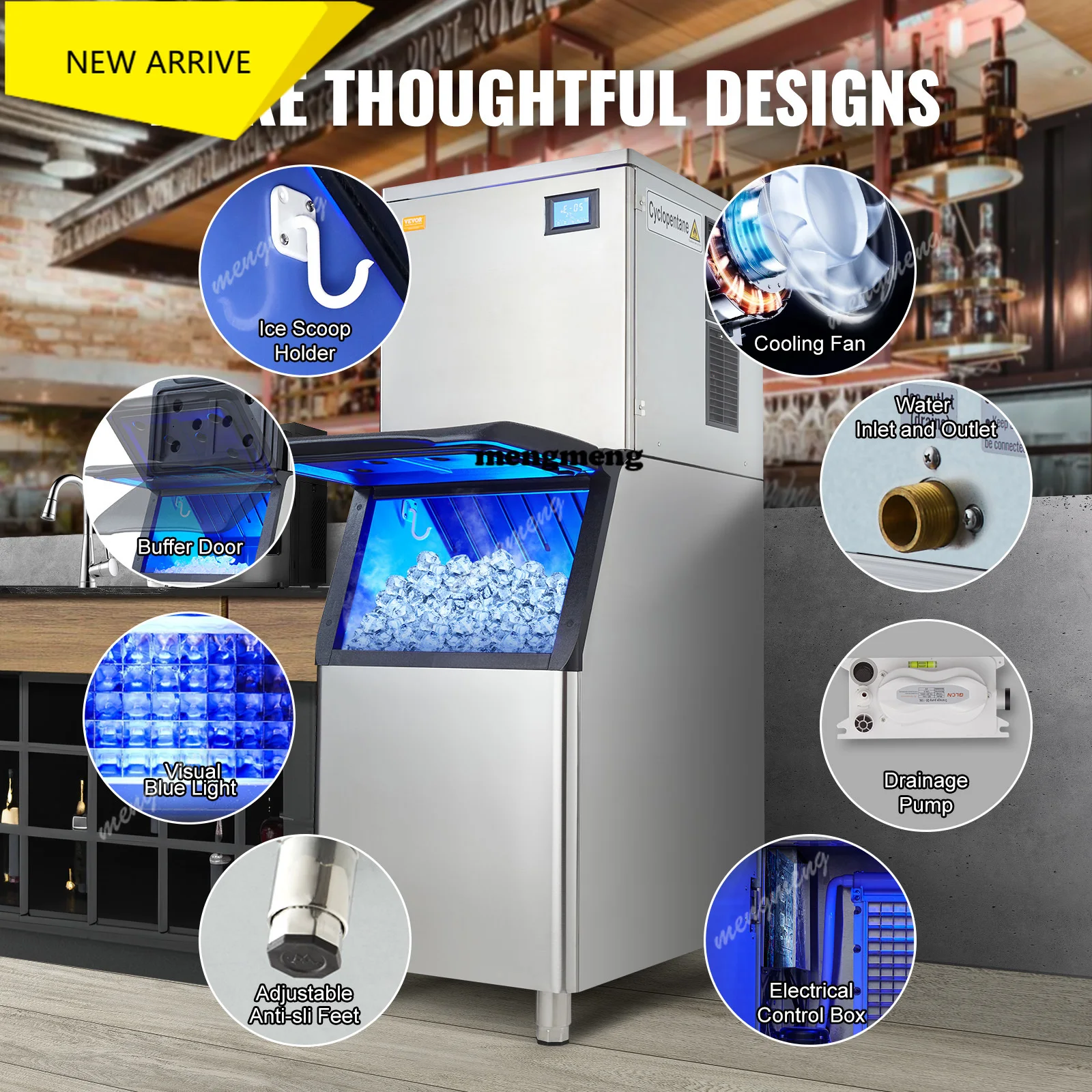 

Коммерческий льдогенератор 400 фунтов/24 часа с большим резервуаром для льда на 330,7 фунтов, 800 Вт, с функцией автоматической самоочистки