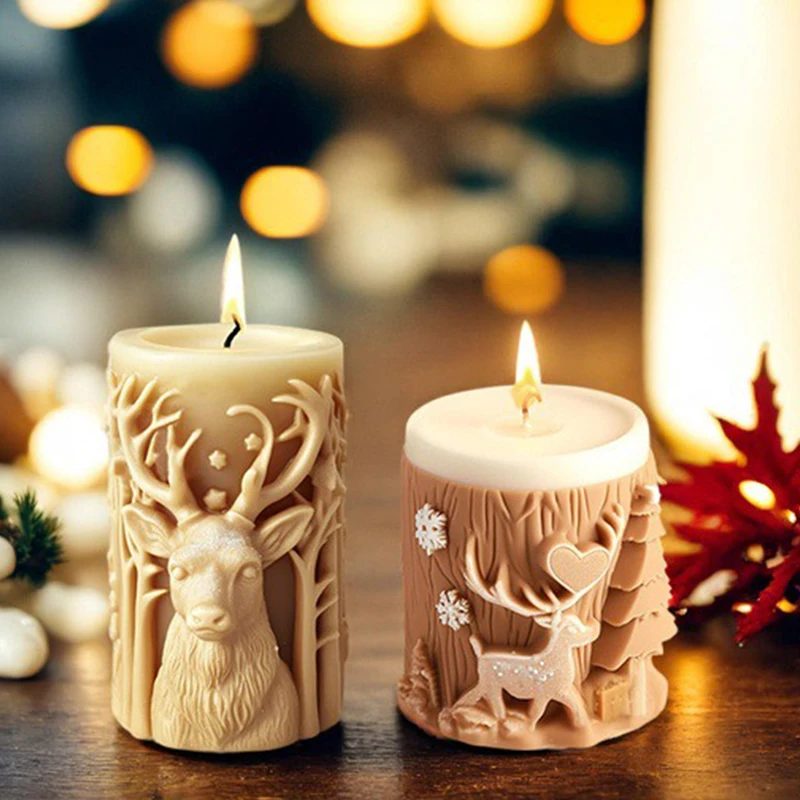 3D Christmas Tree Elk Relief Cylinder Candle Silicone Mold Merry Christmas Letter Snowflake Cylinder Candle Molds Xmas Gift