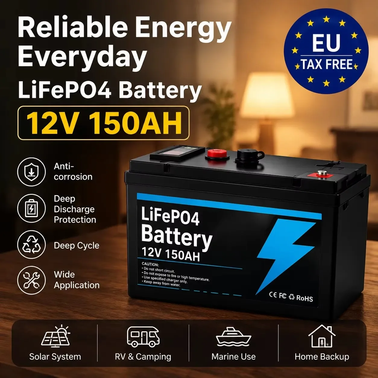 Batteria al litio ricaricabile LiFePO4 12V 150Ah dotata di BMS, batteria multiuso per la ricarica di pannelli solari, alimentazione di imbarcazioni, elettronica marina e ecoscandagli.