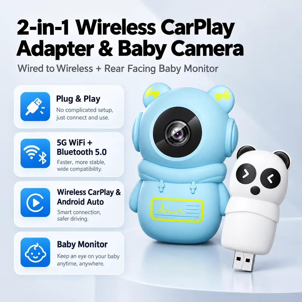 Wireless CarPlay Baby Car Camera, 1080P HD, Night Vision, 150° Wide Angle, Split Screen, OTA Upgrade, for Kids, Rear Seat, CE