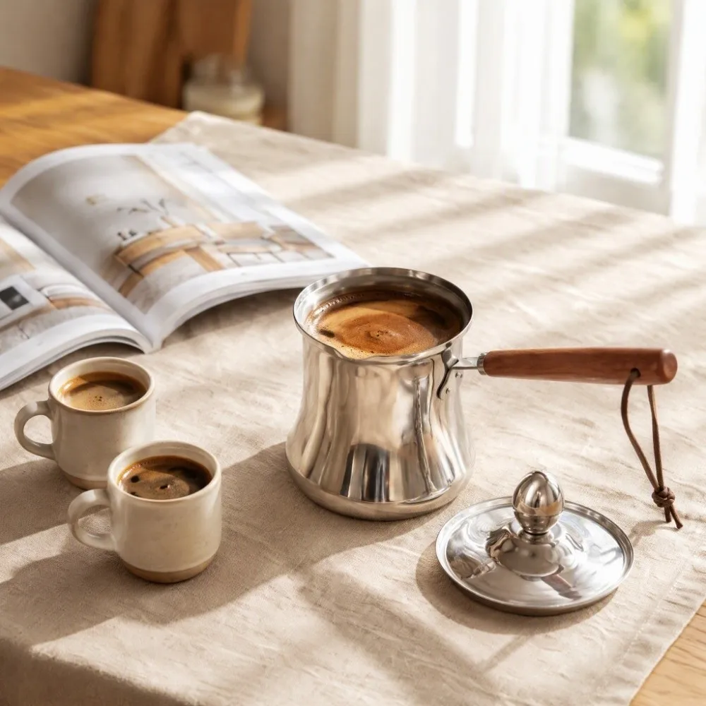 Stainless Steel Turkish Coffee Pot 250/350/550/720ml Spill-Resistant Milk Tea Pot With Lid Long-Handled Butter Warmer