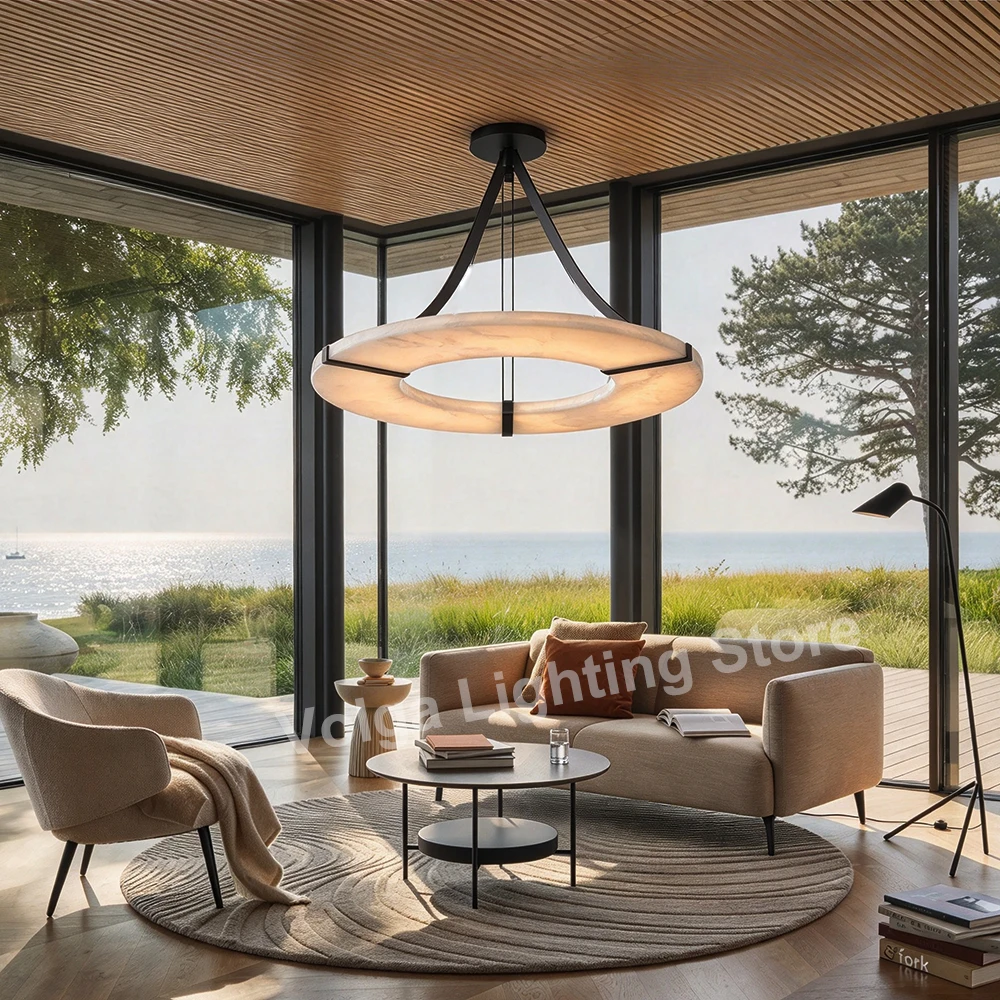 Come Get High-end Designer Artificial Marble Pendant Light Round, Led Balck Luxury Imitation Alabaster Lighting for Dining Room