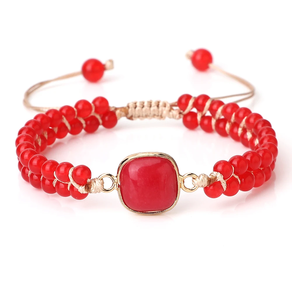 Fashion Red Chalcedony Stone Elegant Healing Bangle Women Natural Stone Beads Adjustable Braided Bracelet Wristband Gift Jewelry