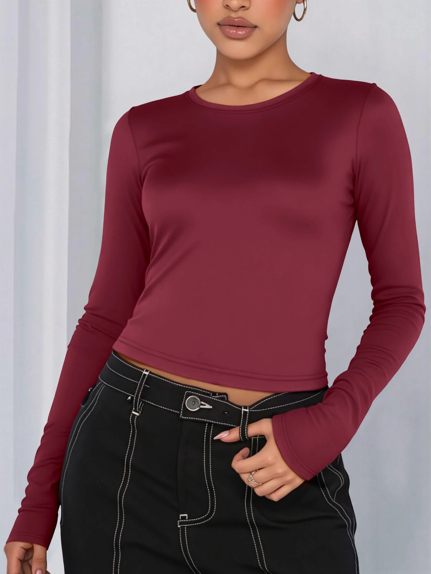 Round Neck Long Sleeve Crop Top, Stretchy Bodycon Tee for Urban Street Snap & Night Out Outfits