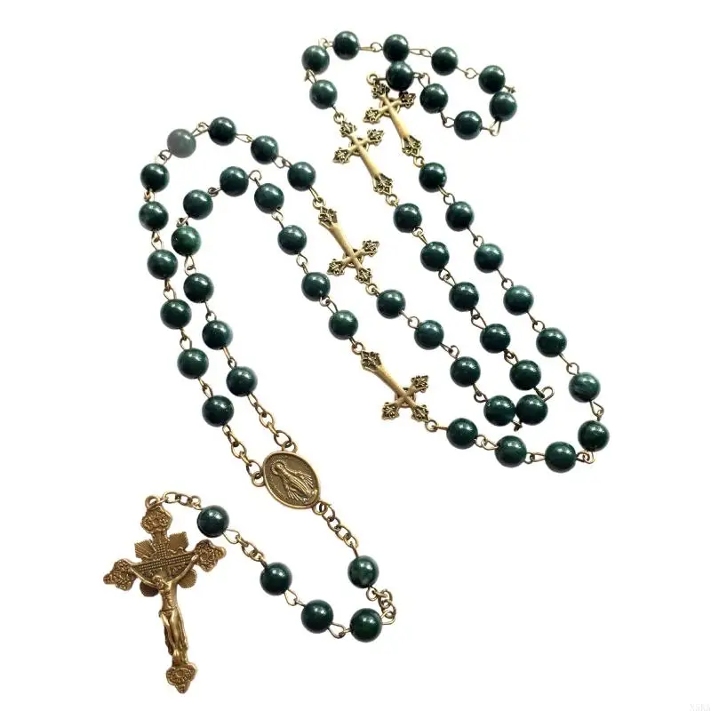 N5KA Green Pearl Beads Rosary Necklace with & for Cross Crucifix Pendant Y Necklace Jewelry Gifts for Women Men