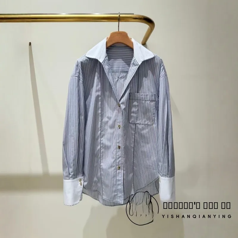 

Cotton irt Women's Loose Fit Long Sve Turn-down Collar Slimming Stripes Faionable Casual Autumn Winter irt