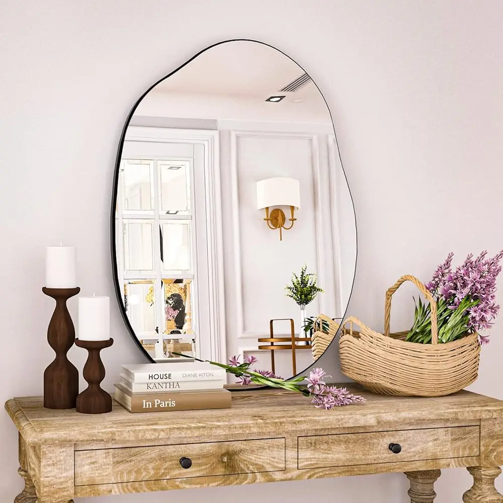 

Irregular Wall Mirror 24""X32"" Bla Asymmetrical Bathroom Mirror Wood Framed Modern Decorative Vanity Mirrors For Bedroom
