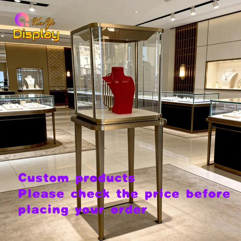 custom.Modern Brushed Metal Freestanding High Quality Eco-Friendly Jewelry Display Cabinet LED Lighting Glass Showcase Reta