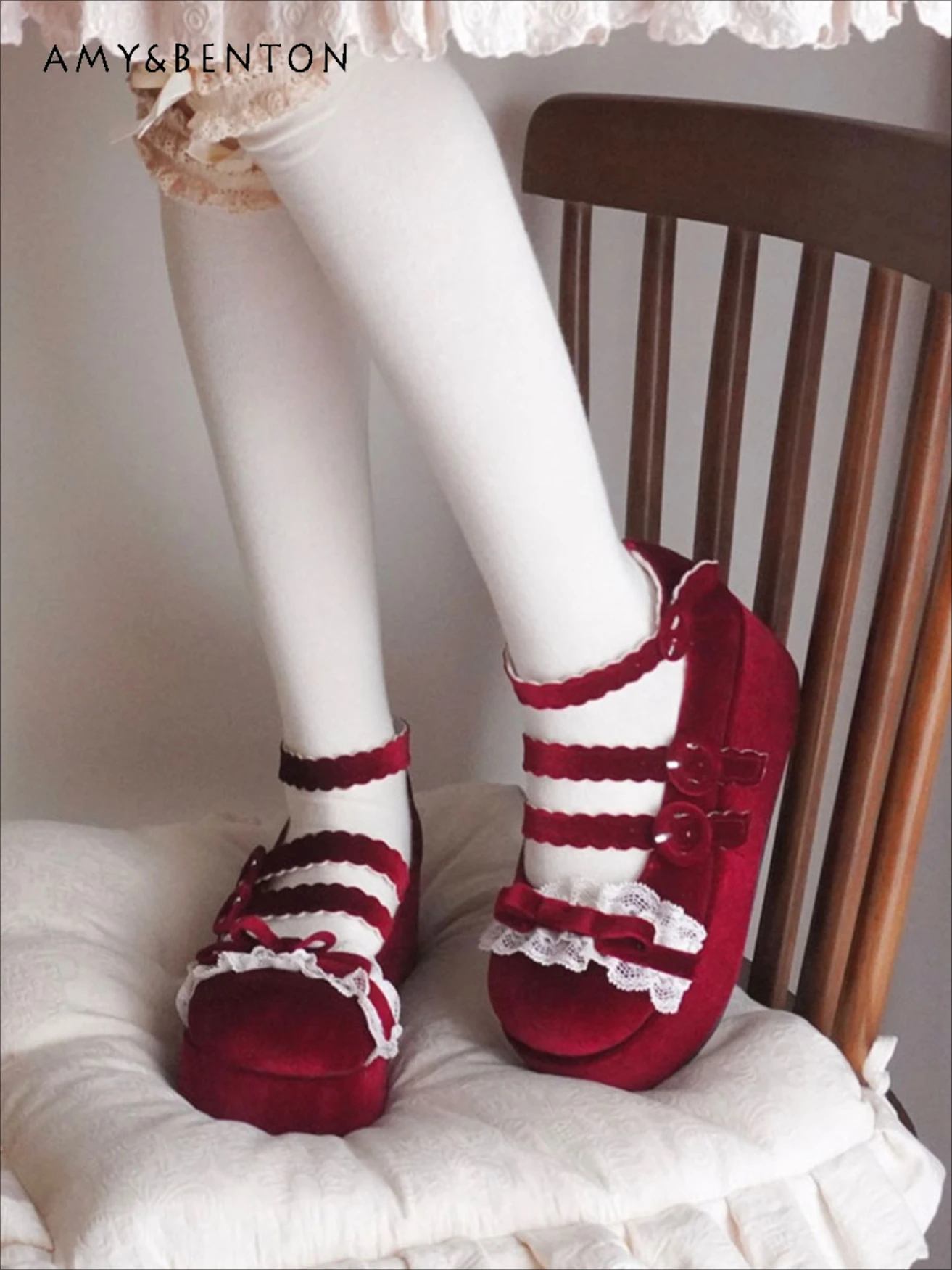 

Premium Velvet Lolita Mary Jane Shoes Sweet Cute Lace Bow Round Head Platform High Heels Women Spring New Elegant Princess Shoes
