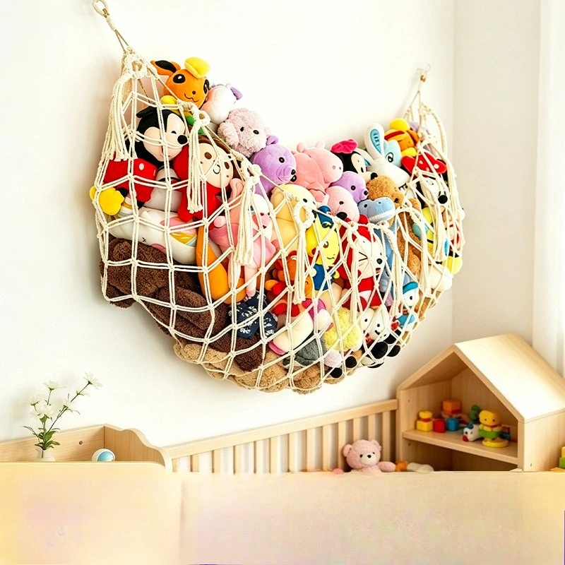 Toy Hammock for Stuffed Animals, Handmade Woven Cotton Rope Toy Storage Net, Wall Hanging Toy Organizer with Tassels