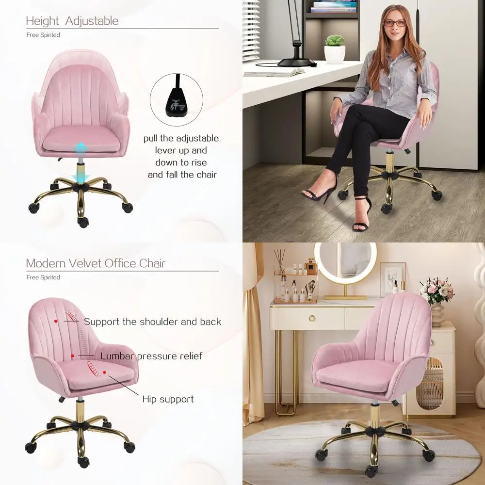 

Розовое удобное офисное кресло с золотыми ножками и колесиками для дома, кабинета, спальни, гостиной