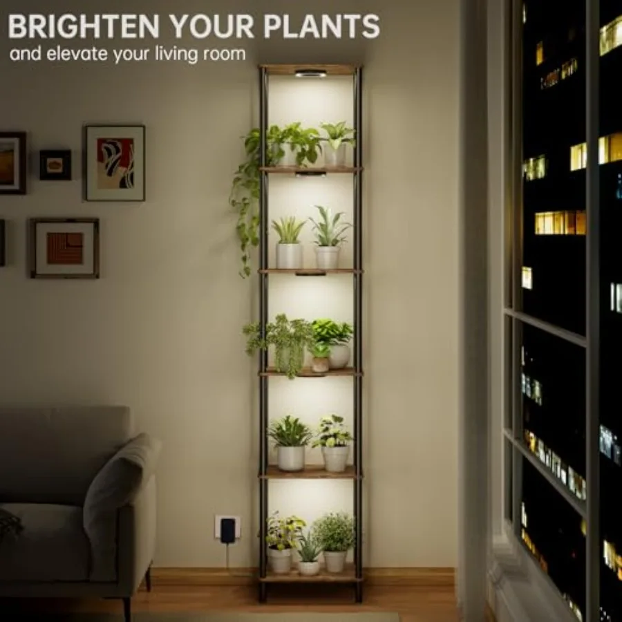 Indoor plant stand with grow light for living room, metal, black, 81.3in tall space-saving design with adjustable shelves and f