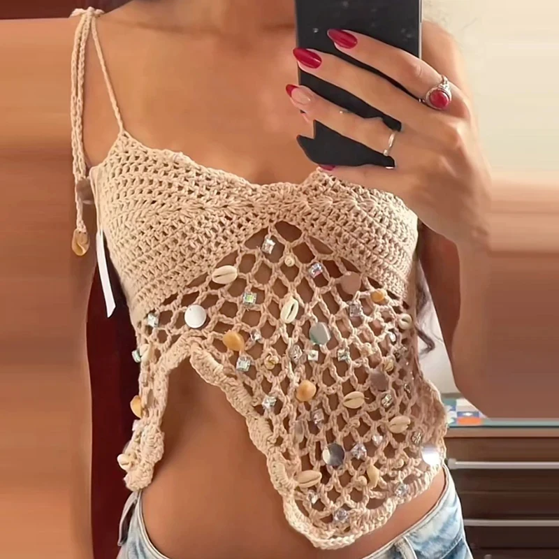 Chic Sequin Y2K Camisole Women's Sexy Tie-up Spaghetti Strap V-Neck Split Hem Crochet Tank Tops Summer Slim Beach Vacation Camis