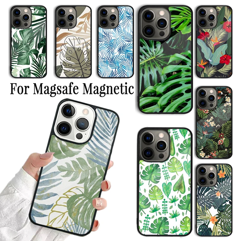 Coque Phone Case For iPhone 16 15 14 13 12 11 Pro Max Plus Magsafe Magnetic Wireless Charging Cover Tropical Green Plant Leaf