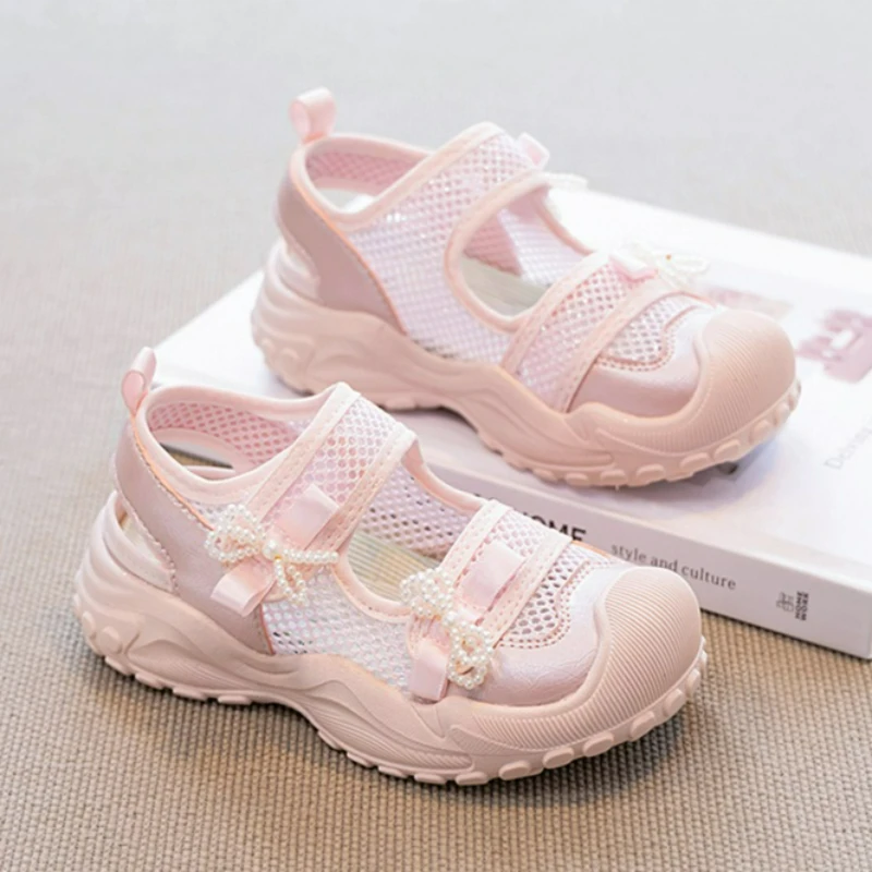 

Cute Girls Princess Sandals Pearl Decoration Mesh Summer Kids Slip on Sneaker Breathable Children Pink Casual Shoes for Girls