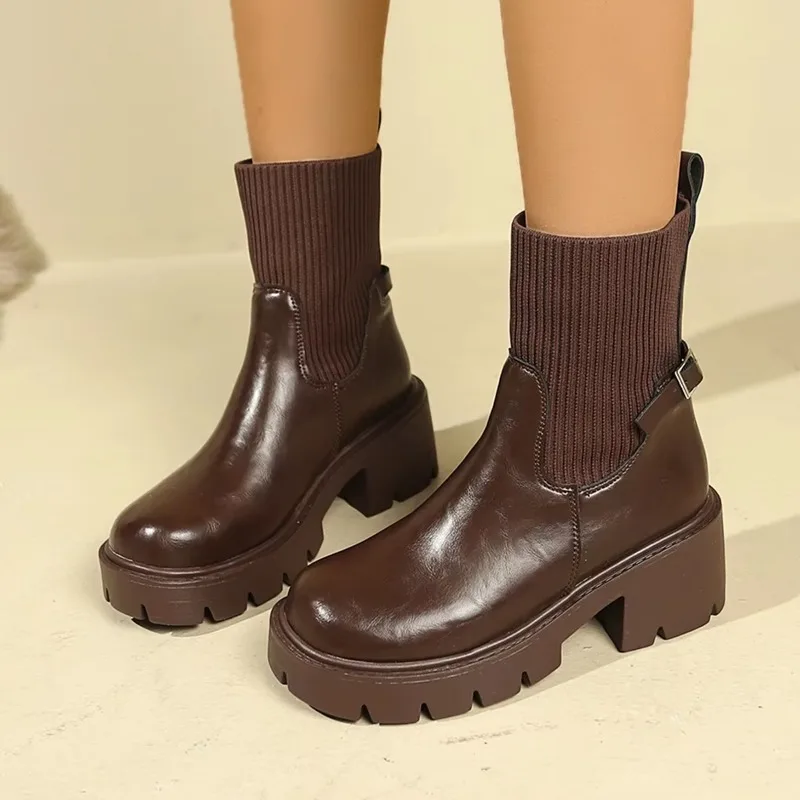 Women's Fashion Boots Leather and Cloth Combination Middle Follow Fang Hei Ankle Boots for Women Waterproof Platform Shoes High