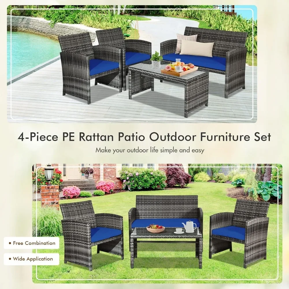 4-Piece Rattan Patio Furniture Set, Outdoor Wicker Conversation Sofa with Weather Resistant Cushions and Tempered Glass Tabletop