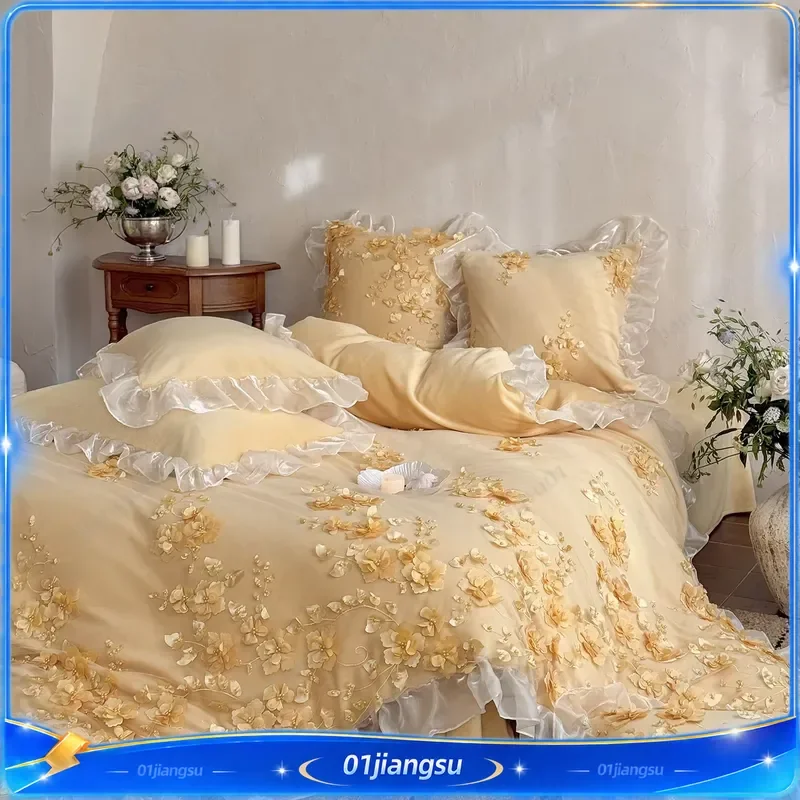 Winter Warm Thick Velvet Bedding Set Luxury 3D Lace Flower Princess Duvet Cover Sheet Pillowcase Home Textile Bedroom Decor