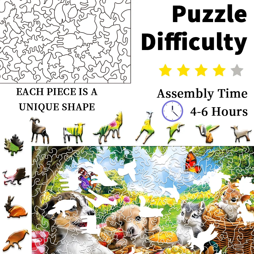 Puppy Garden Wooden Puzzle - Family Friendly Emotional Board Game, Unique Animal Patterns, A3/A5 Sizes, Comes with White Box